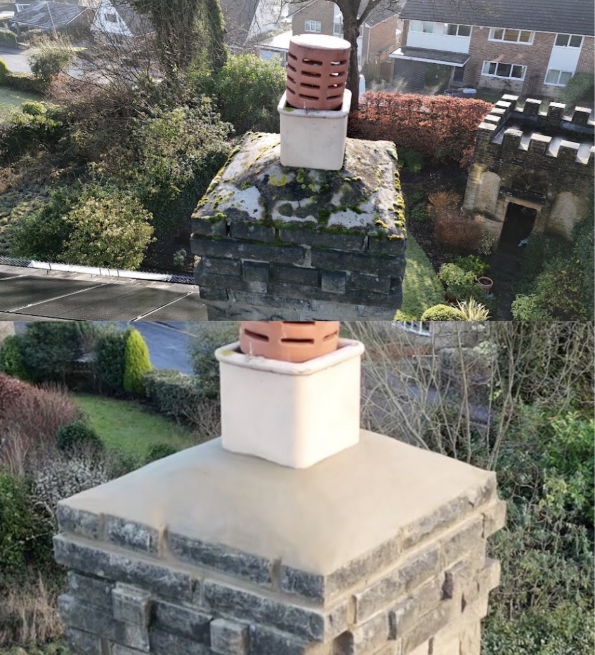 Grey stone chimney stack newly repointed with smooth grey mortar and a new terracotta cowl